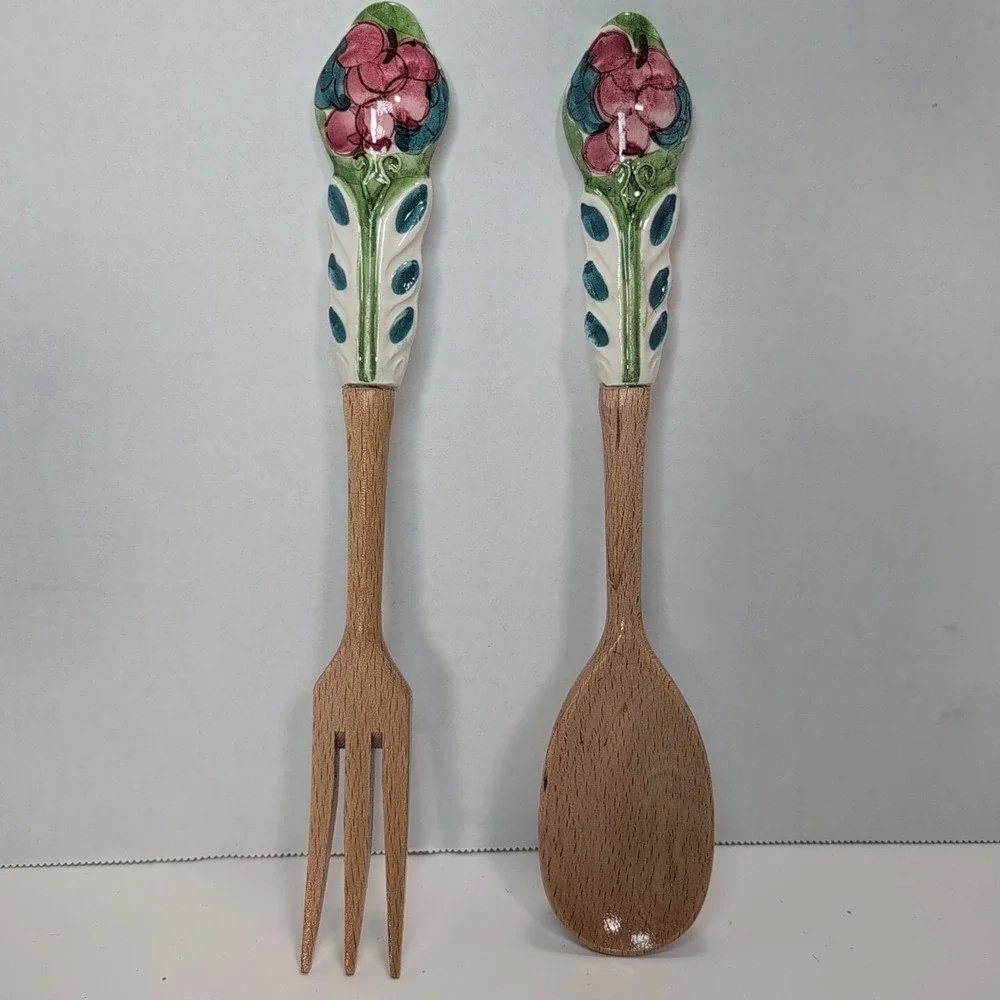 Assisi Serving Spoon & Form Wooden Ceramic HAndle Blue Sunflower Floral Folk Art